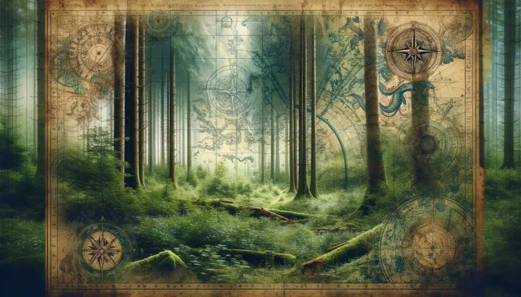 Waldszene mit Überlagerung einer antiken Fantasielandkarte, die eine Reise durch die Geschichte von Alois Vjekoslav Pilz darstellt.
