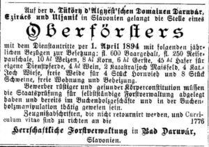 Inserat Suche nach Oberförster 1894 Slawonien